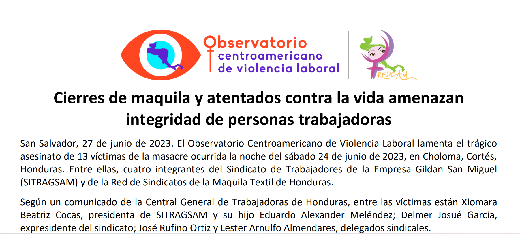 COMUNICADO REDCAM ante los cierres de maquilas y atentados contra la vida de personas trabajadoras en Honduras